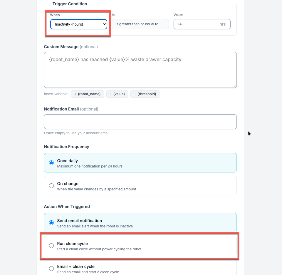 Screenshot showing the notification rule setup with Inactivity (hours) trigger and Run clean cycle action